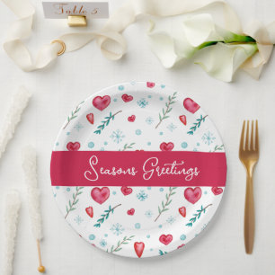 Seasons Greetings Cute Snowflake & Heart Holiday Paper Plate