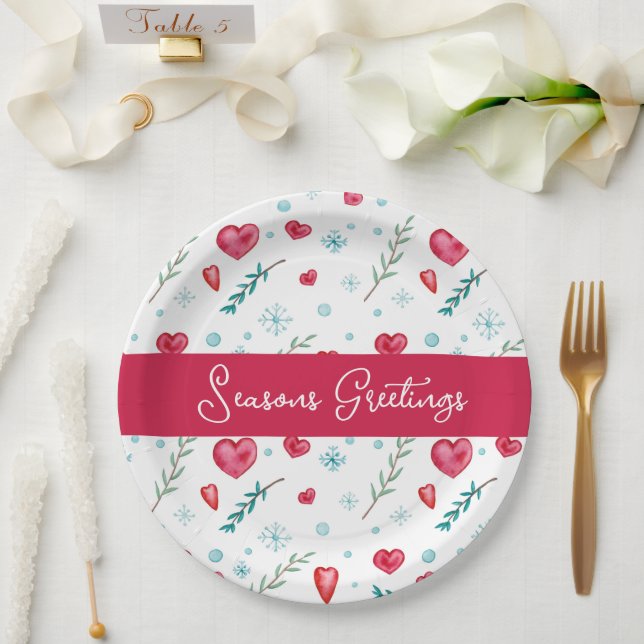 Seasons Greetings | Cute Snowflake & Heart Holiday Paper Plate (Wedding)