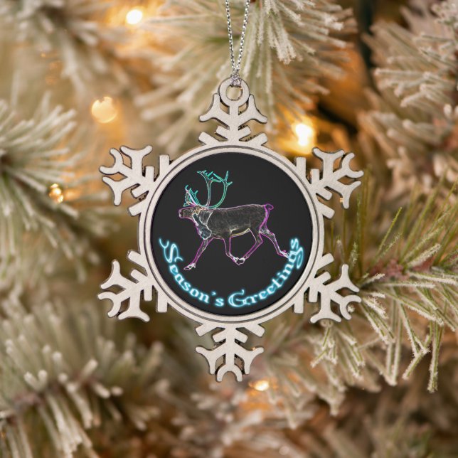 Season's Greetings - Electric Caribou Snowflake Pewter Christmas Ornament (Tree)