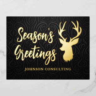 Season's Greetings Elegant Black Damask Reindeer Foil Holiday Postcard