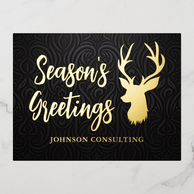 Season's Greetings Elegant Black Damask Reindeer Foil Holiday Postcard (Front)