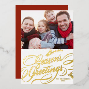Season's Greetings Elegant Calligraphy Photo Foil Holiday Card