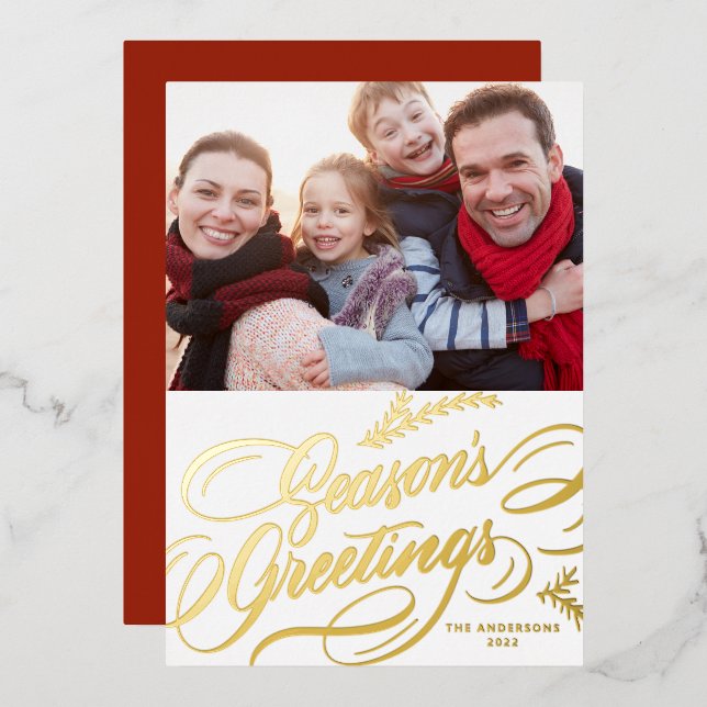 Season's Greetings Elegant Calligraphy Photo Foil Holiday Card (Front/Back)