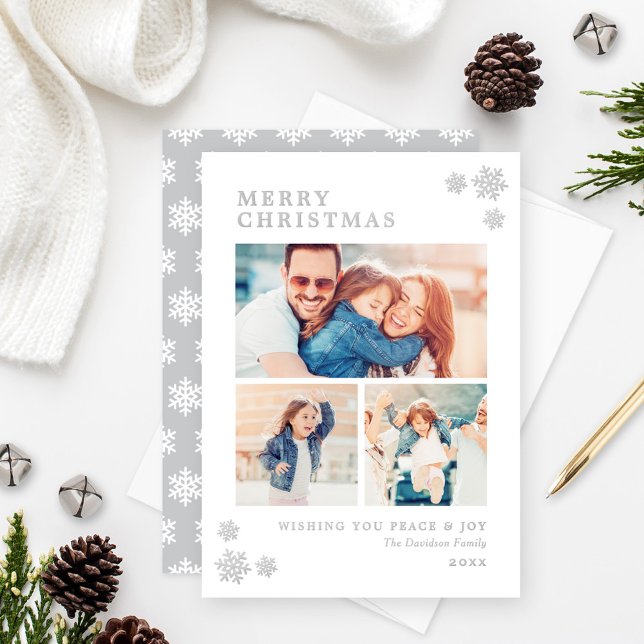 Seasons Greetings Elegant Photo Collage Silver Foil Holiday Card (Creator Uploaded)
