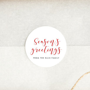 Season's Greetings elegant red and white Classic Round Sticker