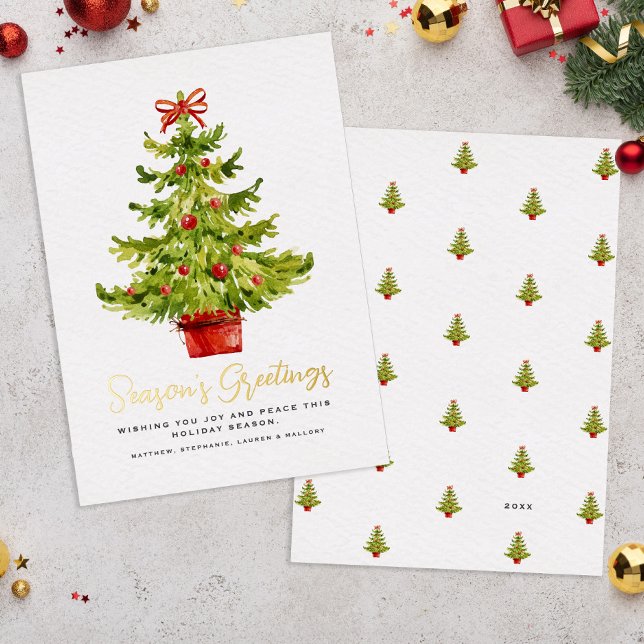 Season's Greetings Elegant Watercolor Tree Script Foil Holiday Card (Season's Greetings Elegant Watercolor Tree Script Foil Holiday Card)