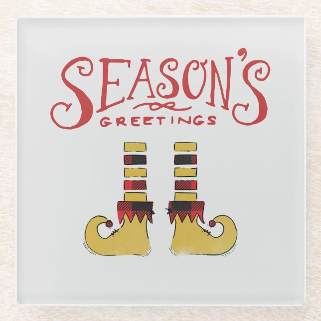 Season's Greetings Elf Shoes Glass Coaster (Front)