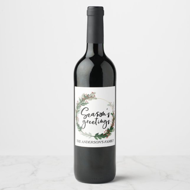 Seasons Greetings Family Monogram Merry Christmas Wine Label (Front)
