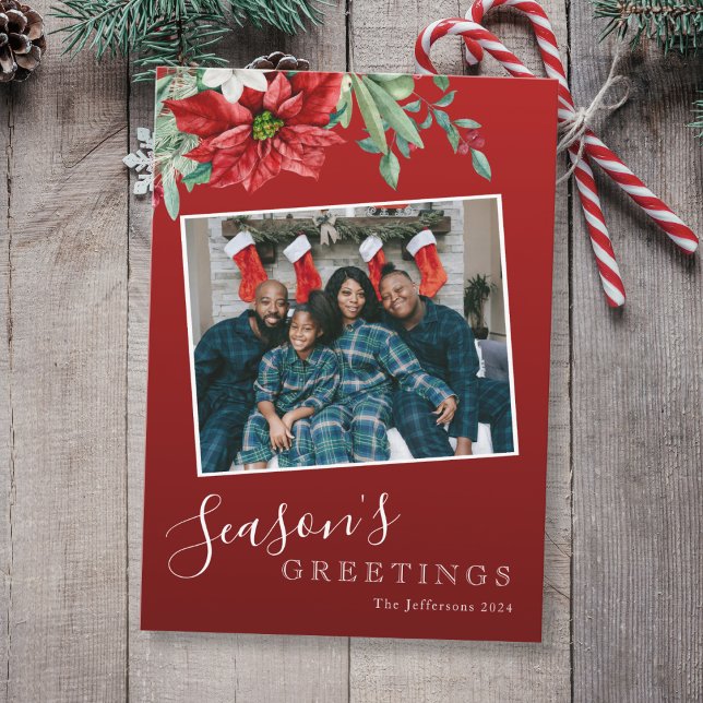 Season's Greetings  Family Photo Red Christmas Holiday Card (Mockup View)
