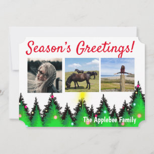 Seasons Greetings, family photos, green fir trees Holiday Card