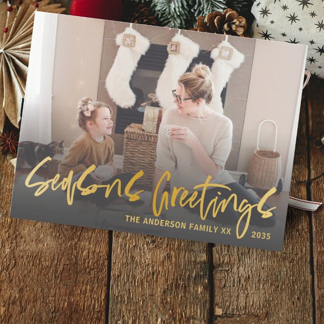 Seasons Greetings Faux Gold Calligraphy Christmas Postcard (Creator Uploaded)
