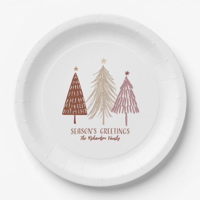 Seasons Greetings  Festive Merry Christmas Trees Paper Plate (Front)