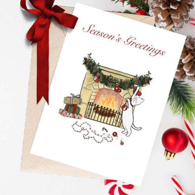 Season's Greetings Fireplace Cat Greeting Card (Creator Uploaded)