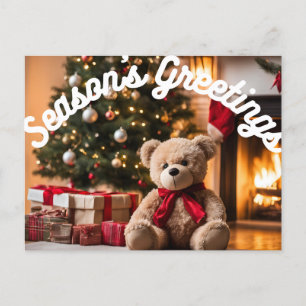 Season's Greetings Fireplace Teddy Bear Gifts Holiday Postcard
