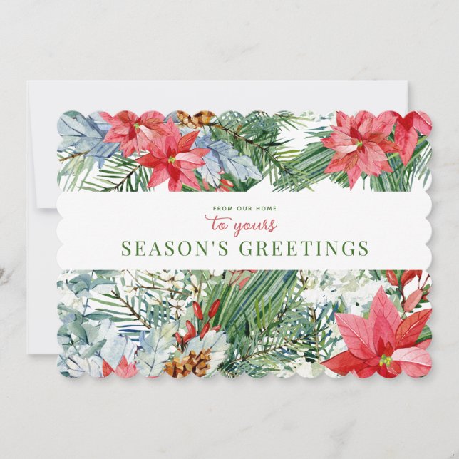 Season's Greetings Floral Watercolor Scalloped Holiday Card (Front)