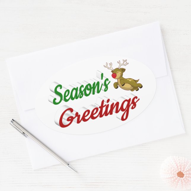 Seasons Greetings Flying Reindeer Christmas script Oval Sticker (Envelope)
