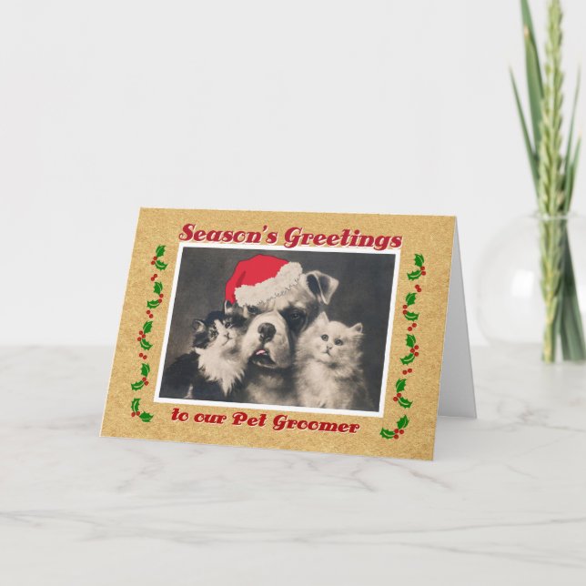 Season's Greetings for Pet Groomer Bulldog and Cat Holiday Card (Front)