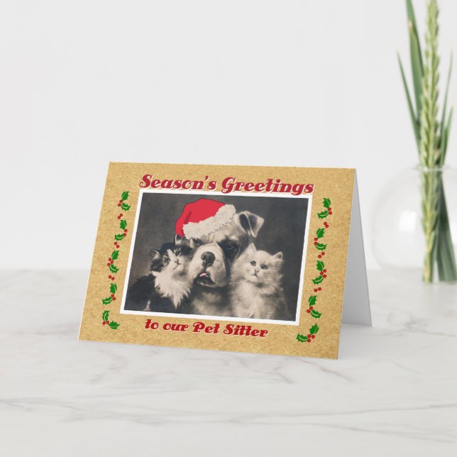 Season's Greetings for Pet Sitter Bulldog and Cat Holiday Card (Front)