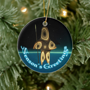 Season's Greetings - Fractal Inuit Hunter Ceramic Tree Decoration