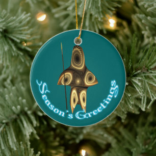 Season's Greetings - Fractal Inuit Hunter Ceramic Tree Decoration