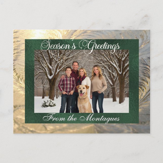 Season's Greetings Frost Border & Photo - Green Holiday Postcard (Front)