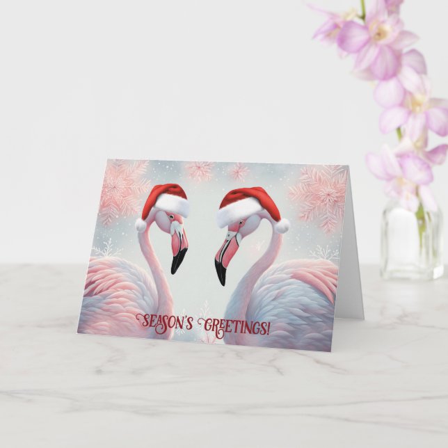 Season's Greetings Funny Flamingos Santa Hat Card (Orchid)