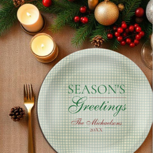 Season's Greetings Gingham Christmas Paper Plate