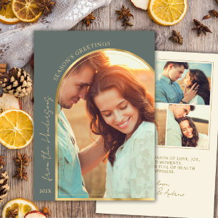Season's Greetings Gold Arch Couple Photo Green Holiday Card