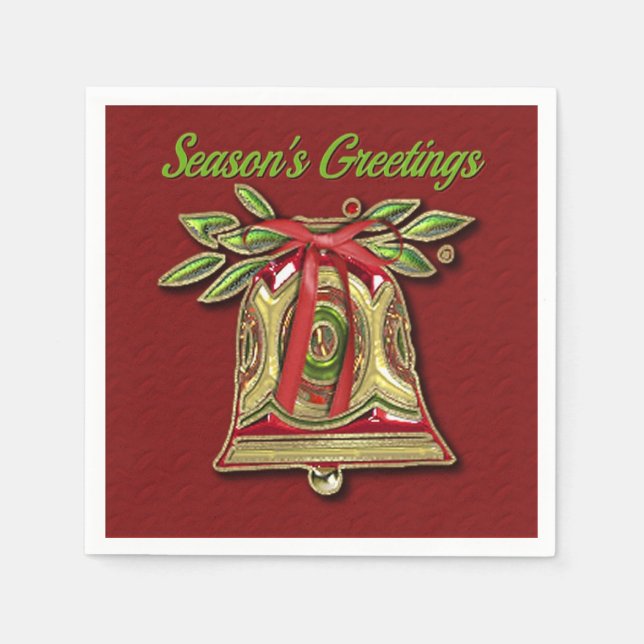Season's Greetings Gold Christmas Bell Red Napkins (Front)