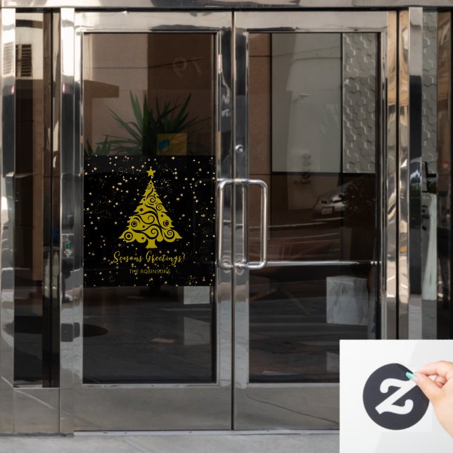 Seasons Greetings Gold Christmas Tree on Black Window Cling (Office Door)