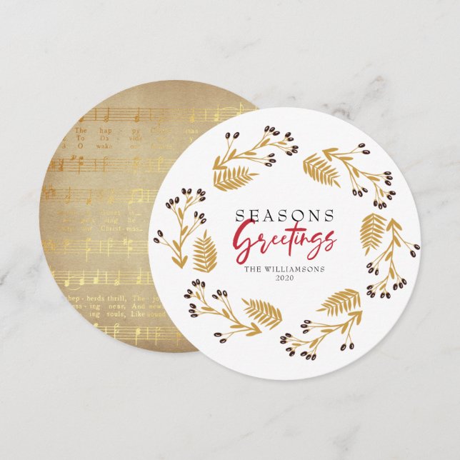 Seasons Greetings Gold Floral Wreath Holiday Card (Front/Back)