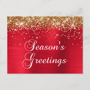 Season's Greetings Gold Glitter Red Foil Holiday Postcard