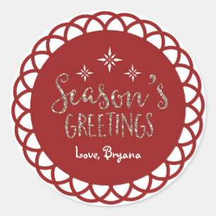 SEASONS GREETINGS Gold Glitter Red Holiday Sticker