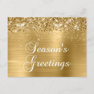 Season's Greetings Gold Glittery Faux Foil Holiday Postcard