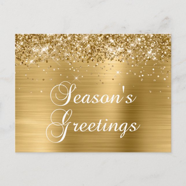 Season's Greetings Gold Glittery Faux Foil Holiday Postcard (Front)