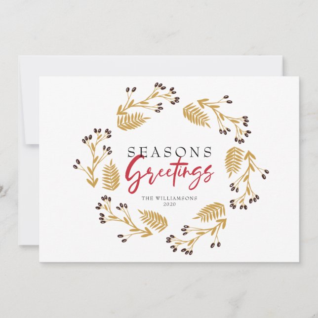 Seasons Greetings Gold Holly Wreath Holiday Card (Front)
