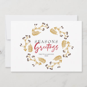 Seasons Greetings Gold Holly Wreath Holiday Card