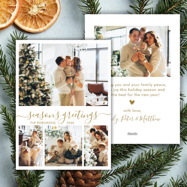 Seasons Greetings Gold Script 4 Photo Christmas Holiday Card (Creator Uploaded)