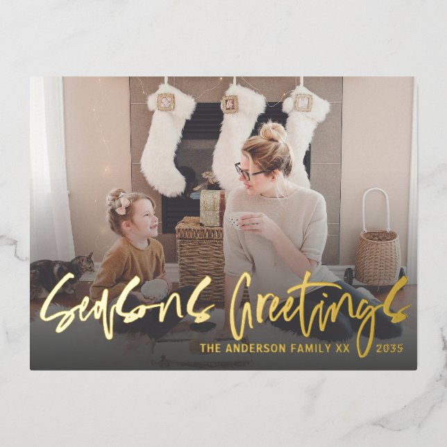 Seasons Greetings Gold Script Photo Foil Holiday  (Front)
