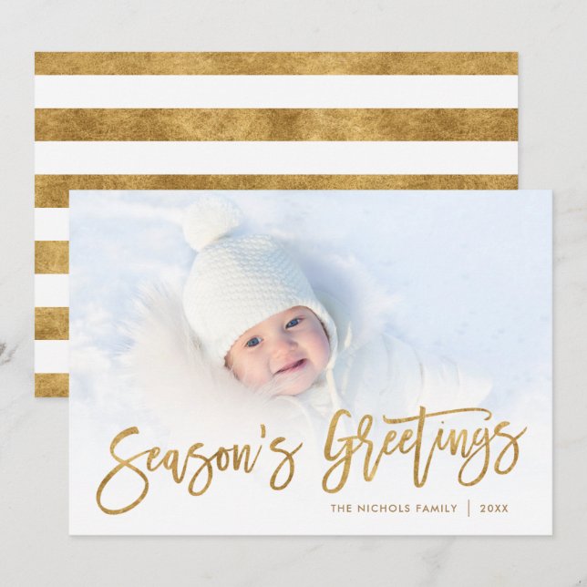 Season's Greetings Gold Script Photo Overlay Holiday Card (Front/Back)