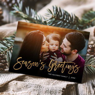 Season's Greetings Gold Script Photo Overlay Holiday Card
