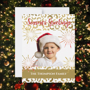 Season's Greetings Gold Sparkles Family Photo  Holiday Card