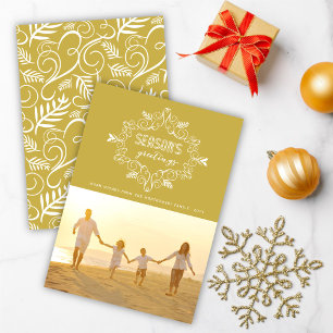 Season's Greetings Gold Vintage Deco Foliage Photo Holiday Card