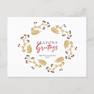 Seasons Greetings Gold Wreath Holiday Postcard
