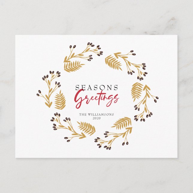 Seasons Greetings Gold Wreath Holiday Postcard (Front)