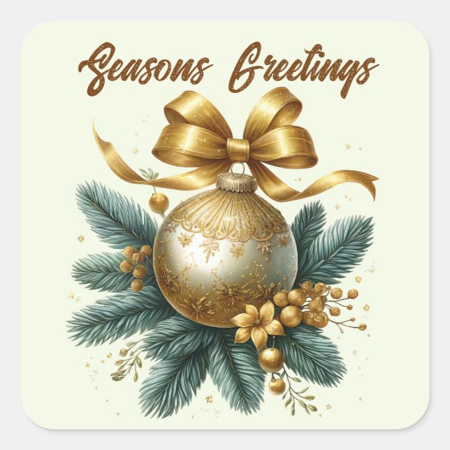 Seasons Greetings golden bulbs add text Square Sticker (Front)