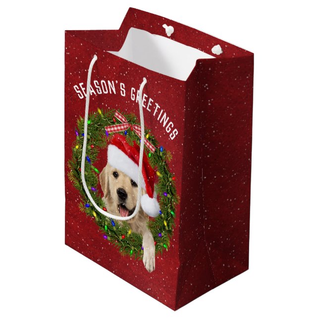 Season's Greetings Golden Retriever in wreath Medium Gift Bag (Front Angled)