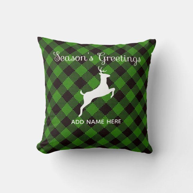 Season's Greetings Green Plaid Throw Pillow (Front)