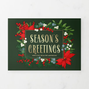 Season's Greetings. Greenery Floral Multi Photo Tri-Fold Card