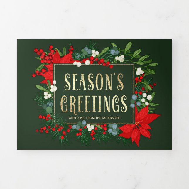 Season's Greetings. Greenery Floral Multi Photo Tri-Fold Card (Cover)